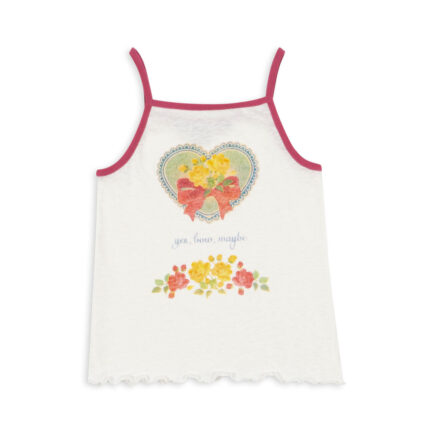 Jasna koszula na ramiączkach dla dziewczynek, kolor biały z różowym wykończeniem, z nadrukiem serca z kwiatami i wstążką